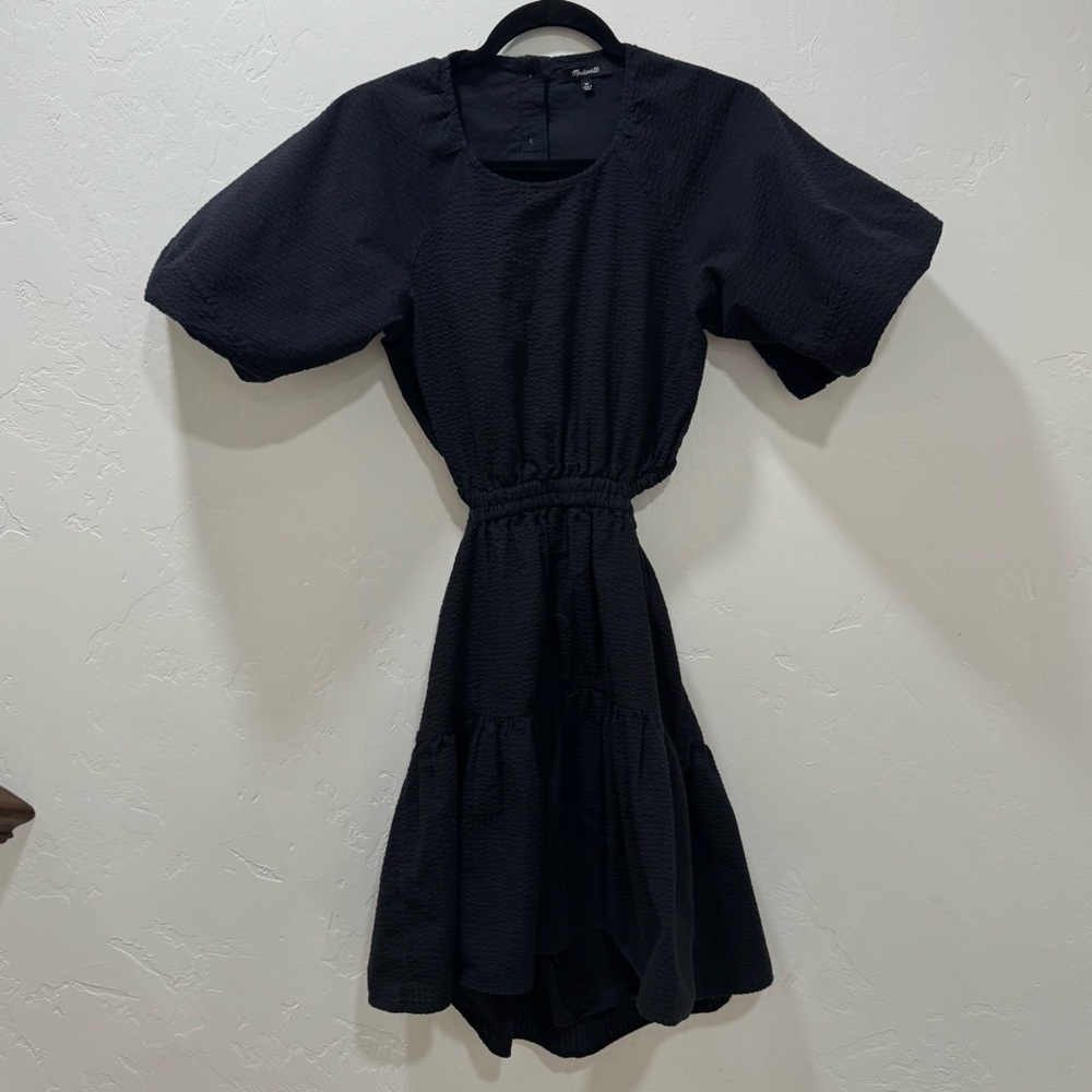Madewell Seersucker Puff-Sleeve Cutout Mini Dress Black Women's XS NF870 - Picture 5 of 16